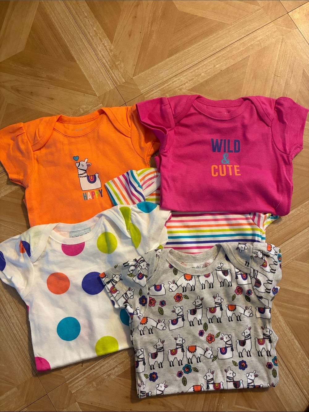 NWT Baby One-Piece Bodysuit Set - Pink, Orange, White, Gray Polka & Llama Prints